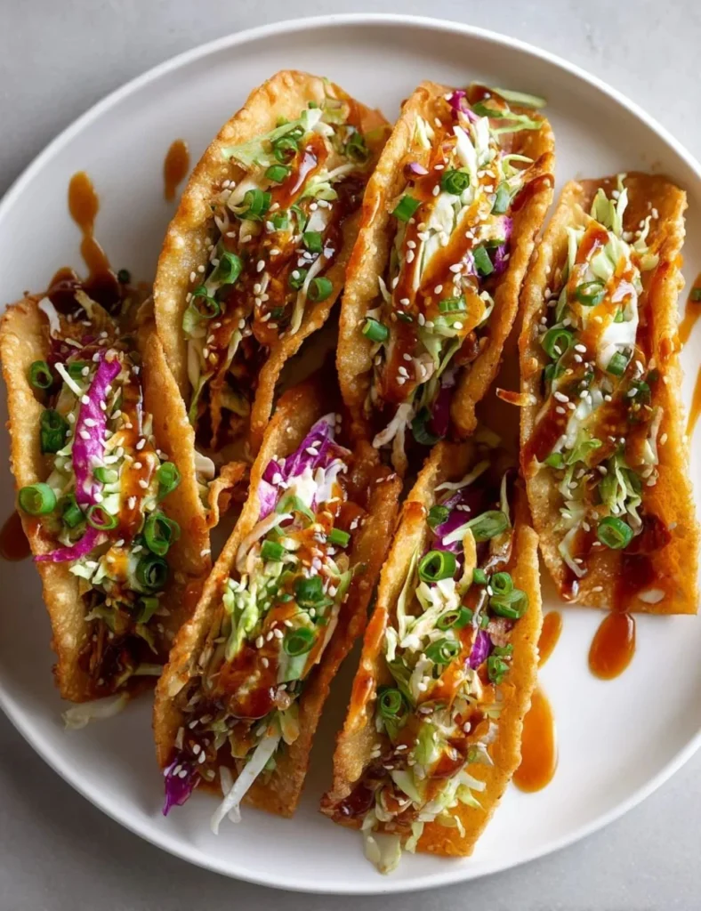 Crispy chicken wonton tacos served with fresh toppings in a vibrant presentation.