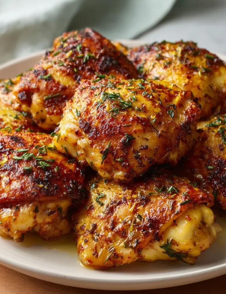Crispy Lemon Paprika Roast Chicken Thighs garnished with herbs on a plate