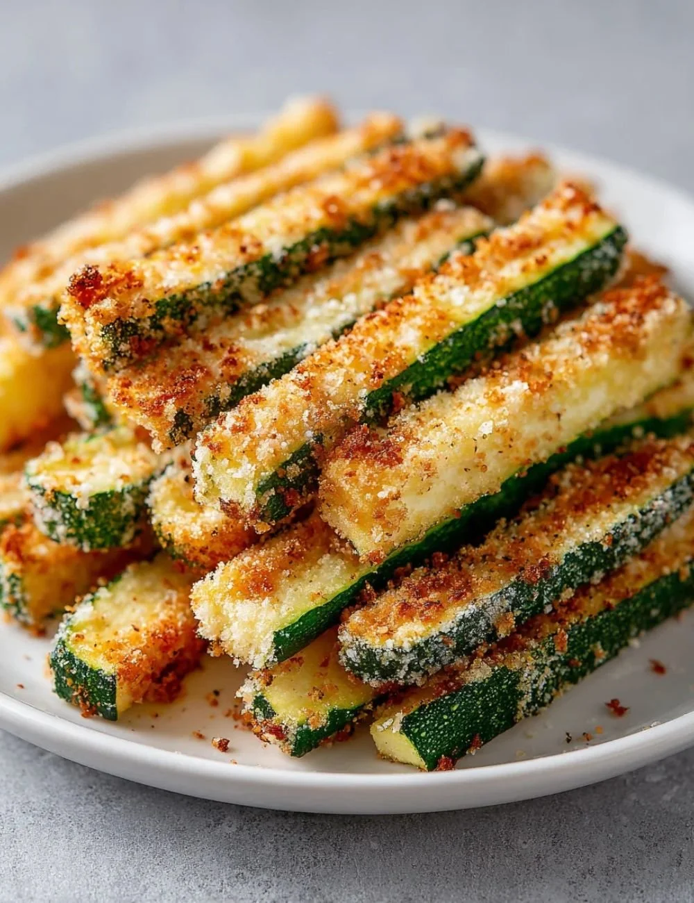 Crispy low-calorie air fryer zucchini fries served with a dipping sauce