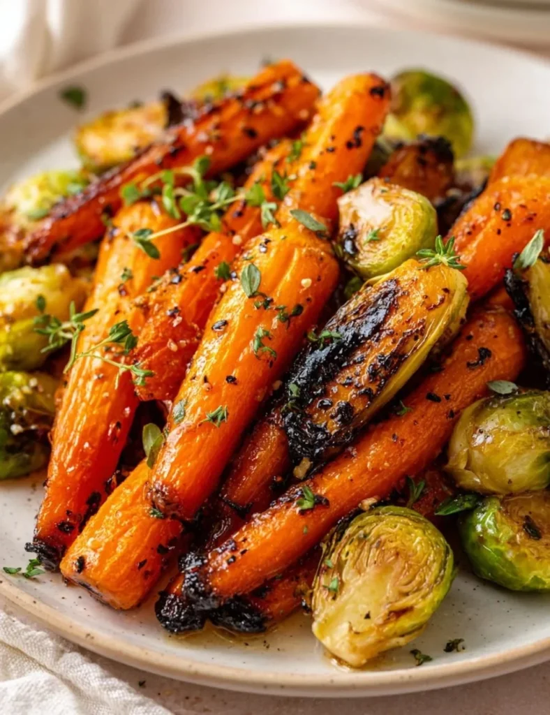 Crispy maple glazed carrots and Brussels sprouts topped with herbs