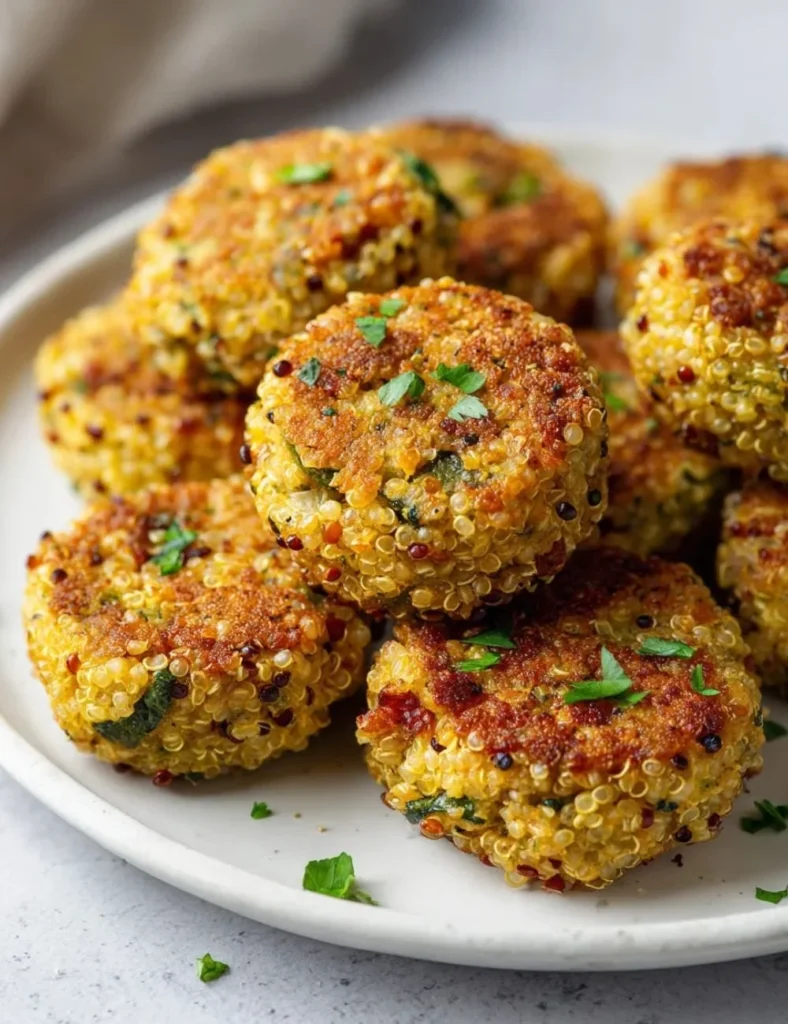 Plate of crispy quinoa veggie bites garnished with fresh herbs