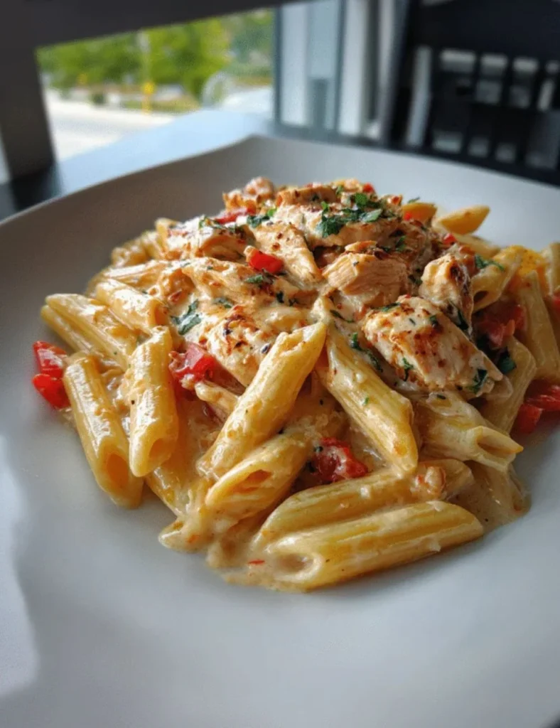 Creamy Cajun chicken pasta cooked in a crock pot, garnished with herbs.
