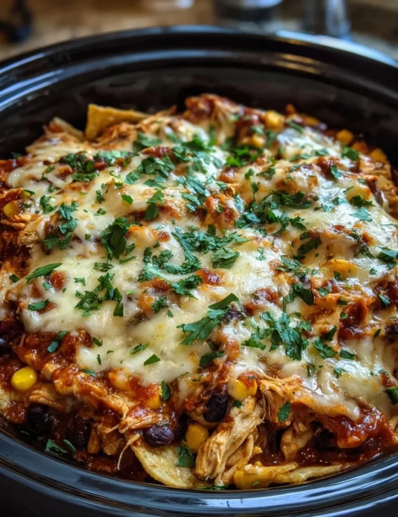 Delicious Crockpot Chicken Enchilada Casserole served with toppings
