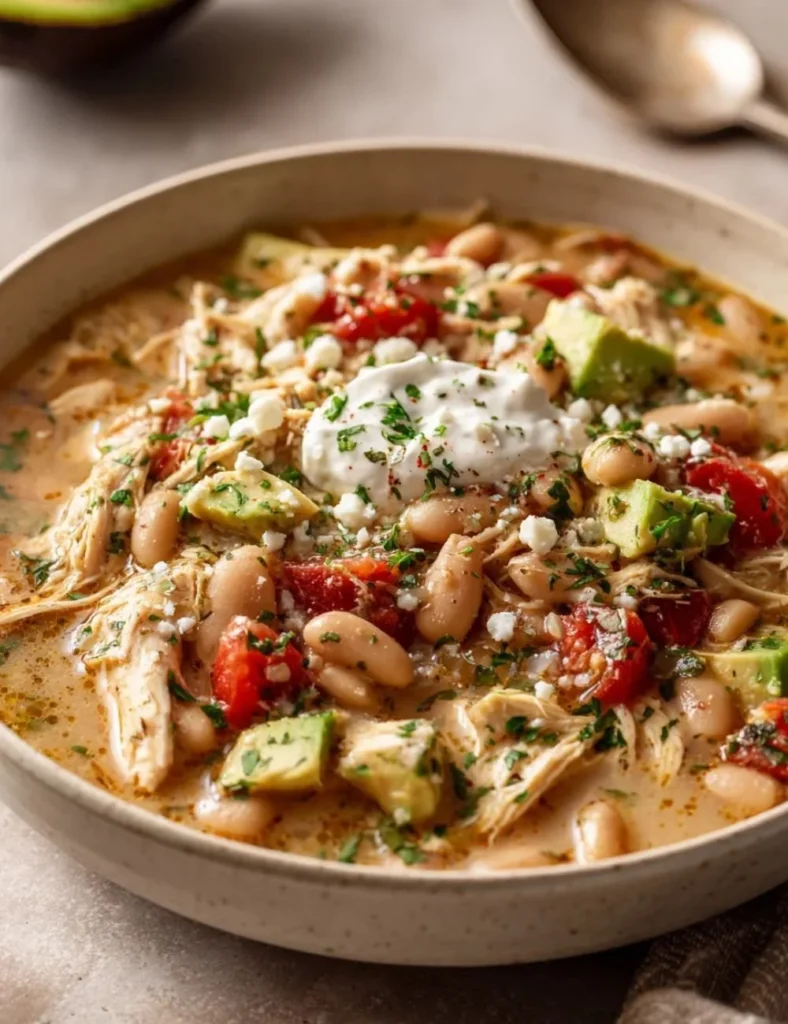 Crockpot Mediterranean White Chicken Chili garnished with herbs and served in a bowl