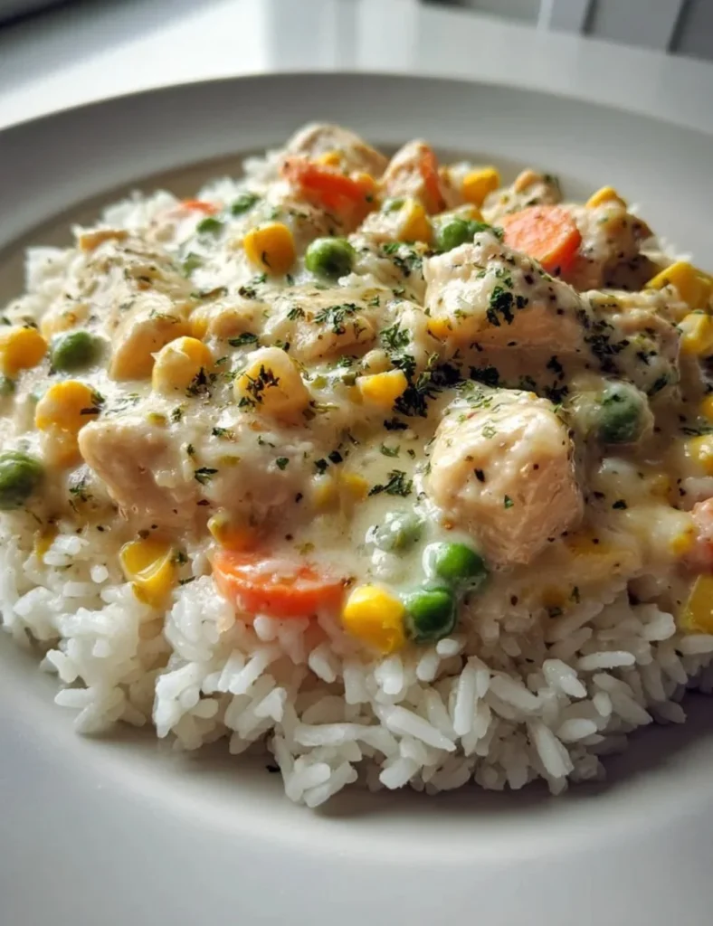 Crustless chicken pot pie served with fresh herbs and vegetables.