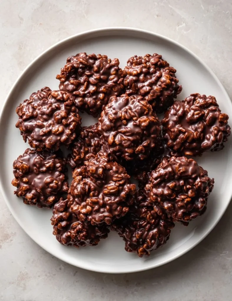 Dark chocolate quinoa crisps on a wooden table, healthy snack option.