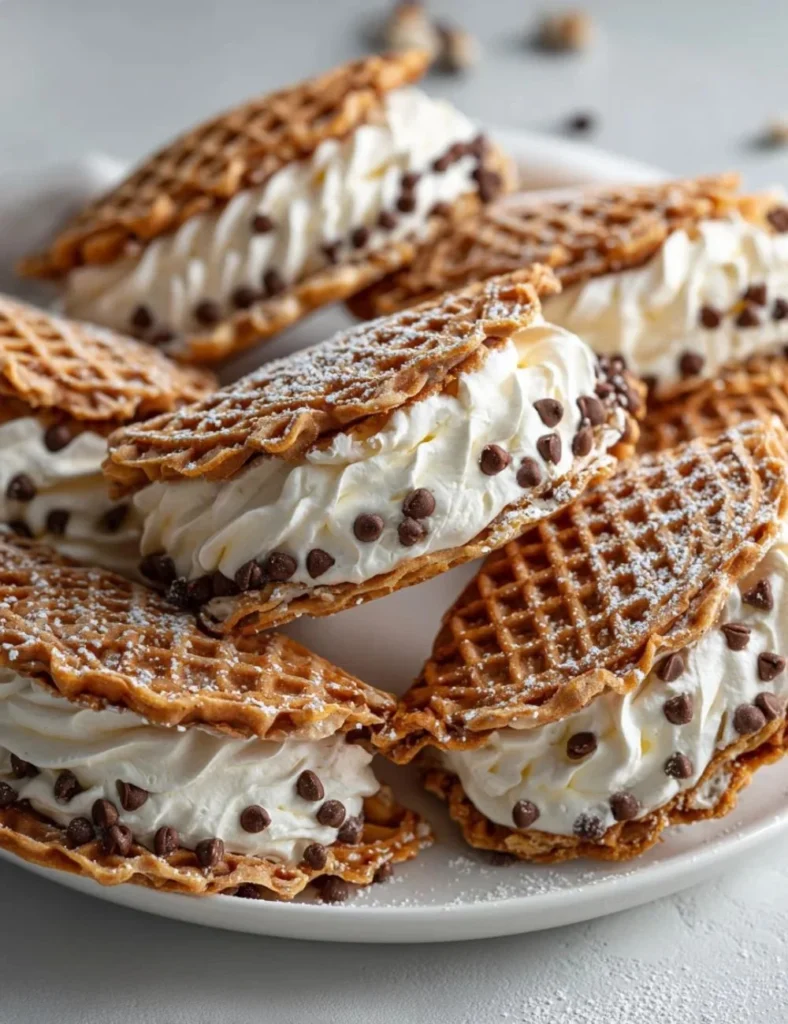 Decadent chocolate pizzelles with a creamy cannoli filling on a plate