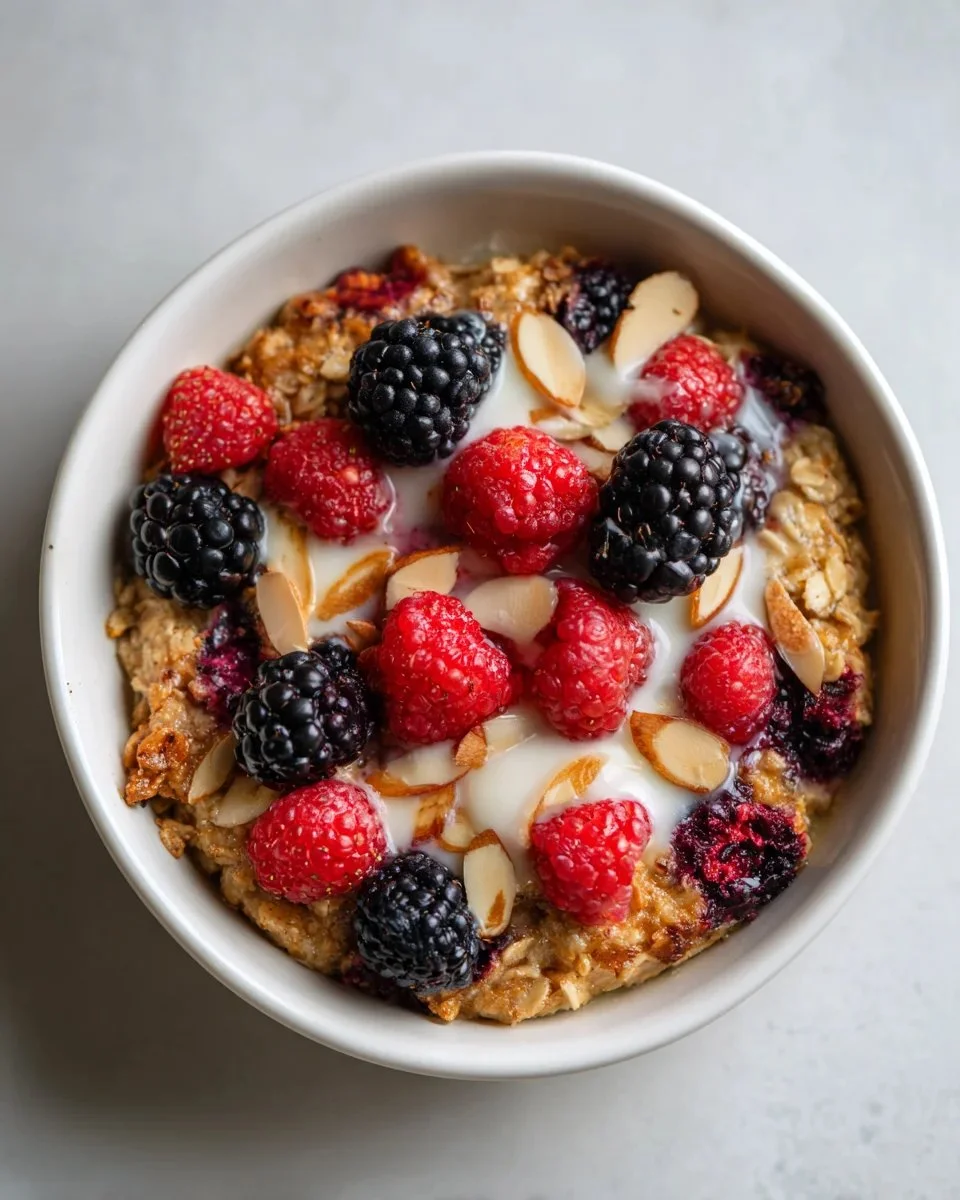 A warm serving of delicious baked oatmeal topped with fresh fruits and nuts
