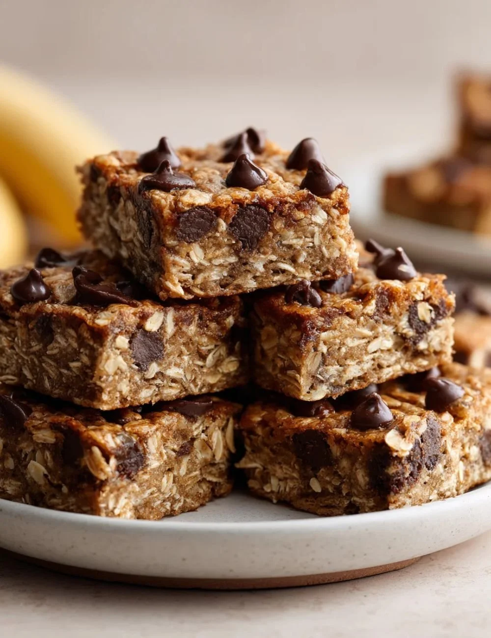 Delicious and healthy banana oatmeal bars on a wooden surface