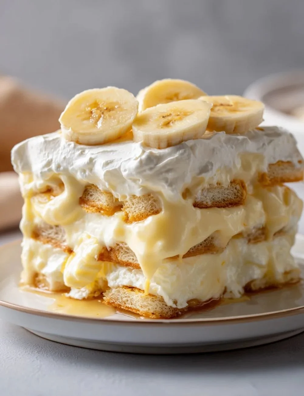 Delicious banana pudding dessert topped with whipped cream.