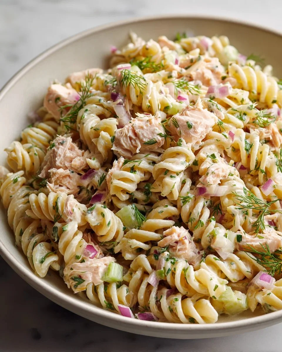 Delicious canned salmon pasta salad with fresh vegetables and herbs