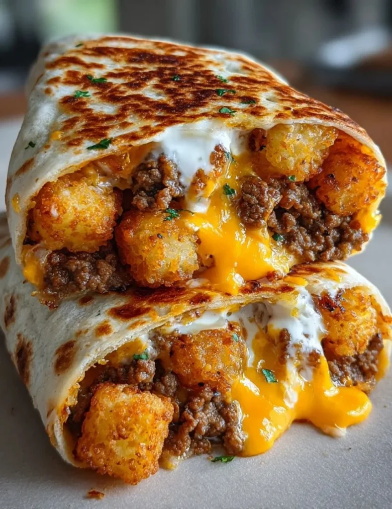 Delicious cheesy potato burritos ready to serve with fresh toppings