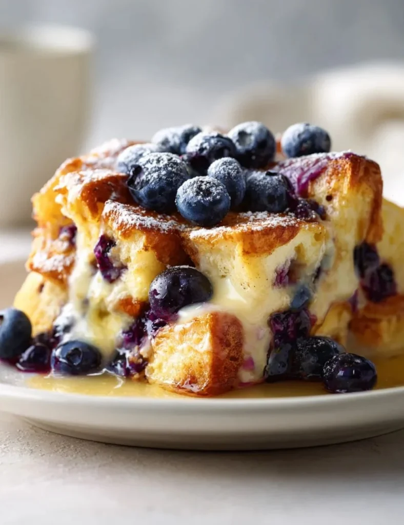 Overnight blueberry lemon French toast casserole with fresh berries on top