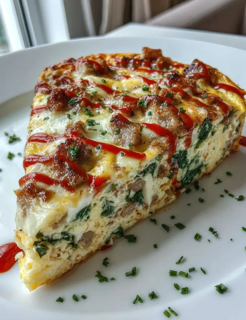 Delicious pizza frittata with cheese and toppings served on a plate