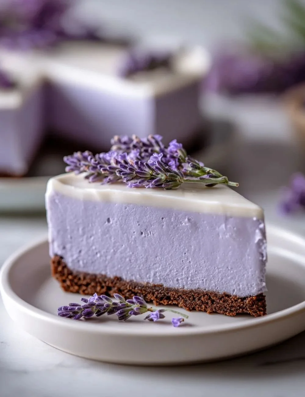 No bake honey lavender cheesecake with floral garnishes and honey drizzle