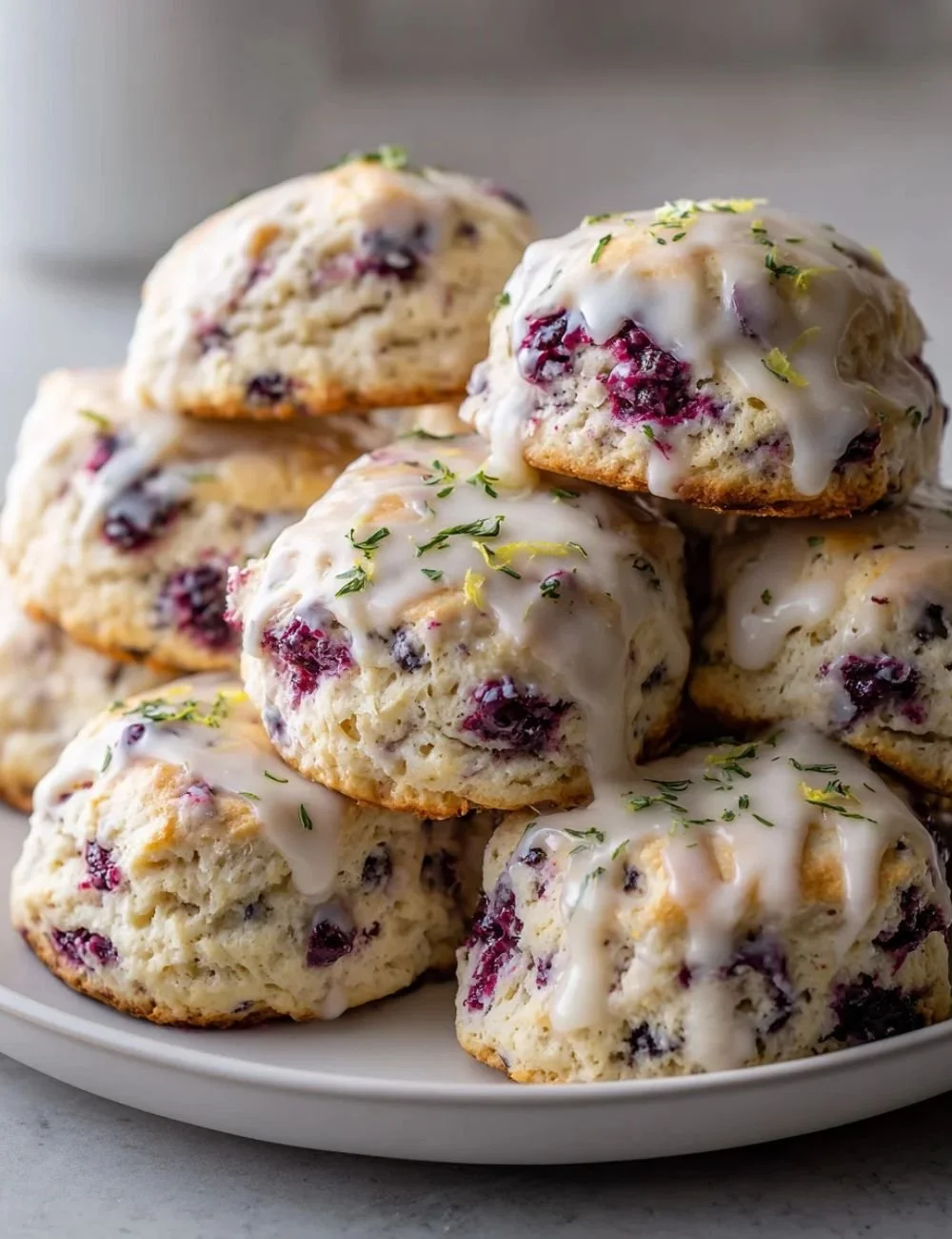 Freshly baked Earl Grey Blackberry Scones drizzled with lemon glaze