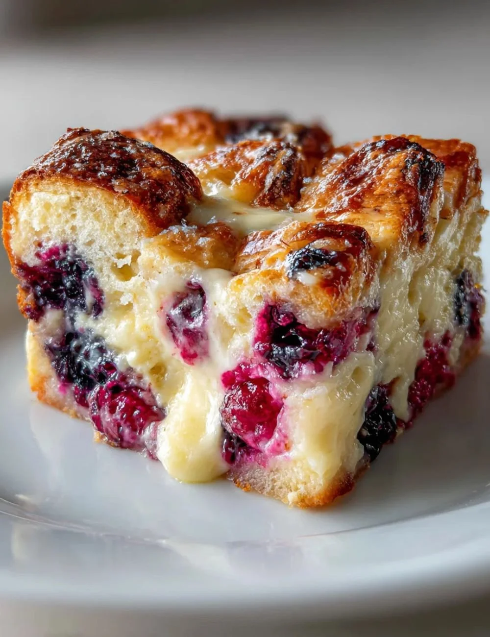 Delicious easy berry croissant bake topped with fresh berries