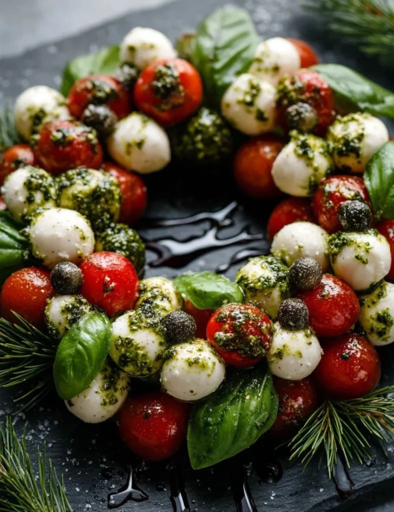 A festive Caprese wreath made with fresh mozzarella, tomatoes, and basil for Christmas.