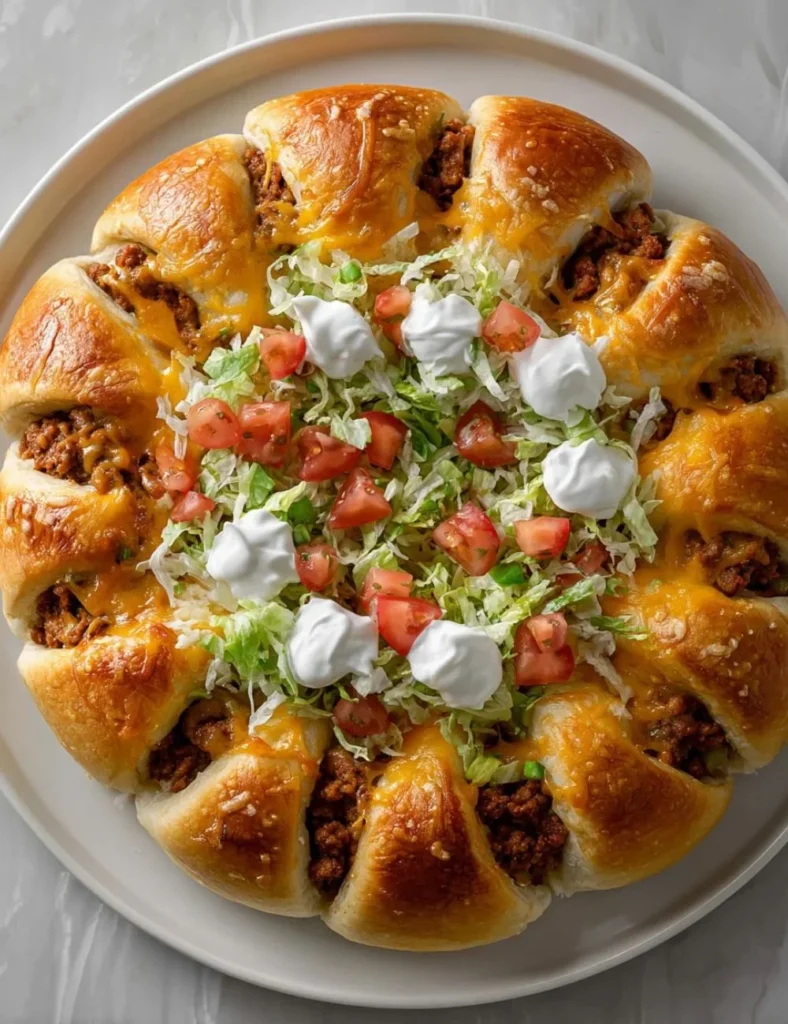 Easy Cheesy Beef Taco Ring served on a platter with toppings