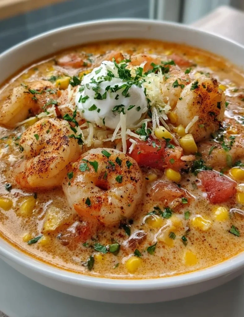 Bowl of creamy seafood and shrimp chili topped with herbs