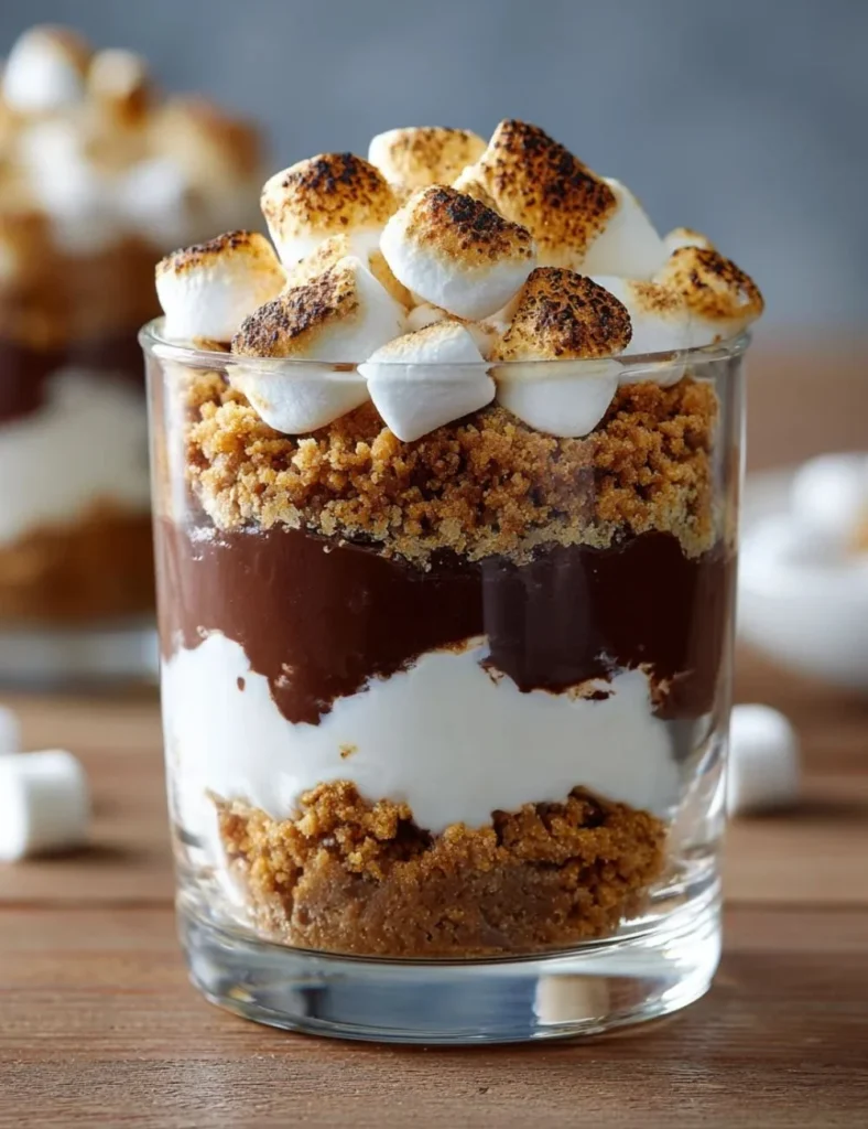 Layered Easy No Bake Smores Parfaits with graham crackers and chocolate