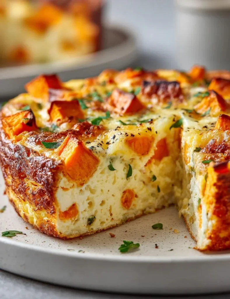 Easy sweet potato egg casserole served warm on a plate