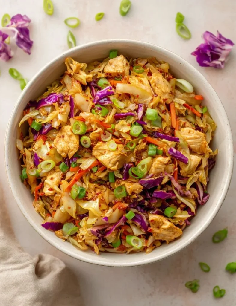 Delicious egg roll bowls with chicken, cabbage, and vibrant vegetables