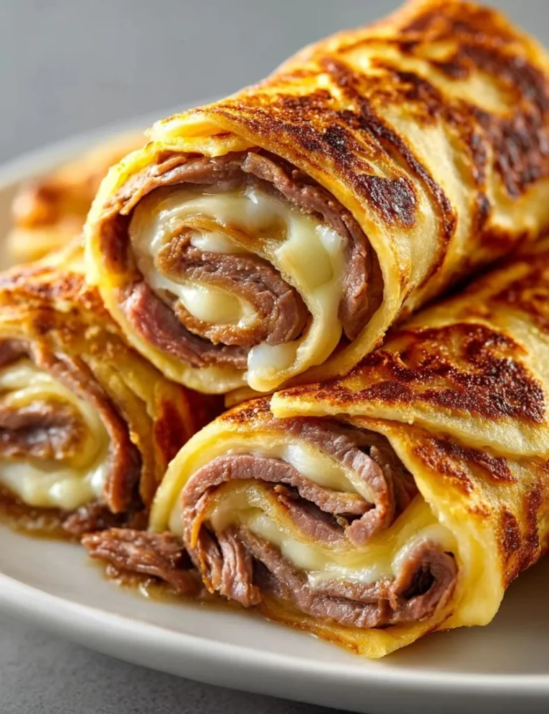 French Dip Tortilla Rollups served with dipping sauce