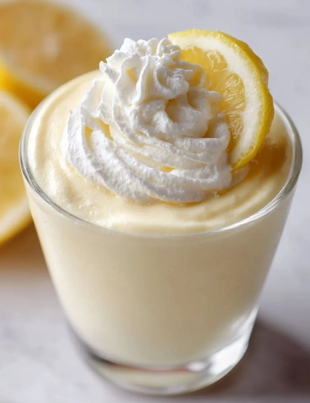 Delicious fresh lemon mousse topped with citrus zest in a glass