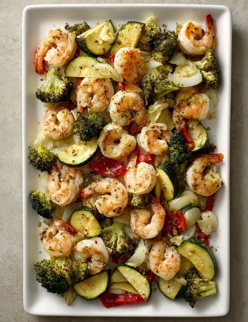 Delicious garlicky shrimp with colorful vegetables on a plate