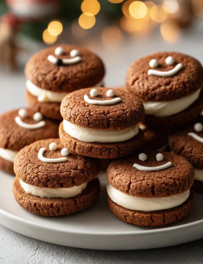 Gingerbread Cream Cheese Cookie Sandwiches stacked on a festive plate