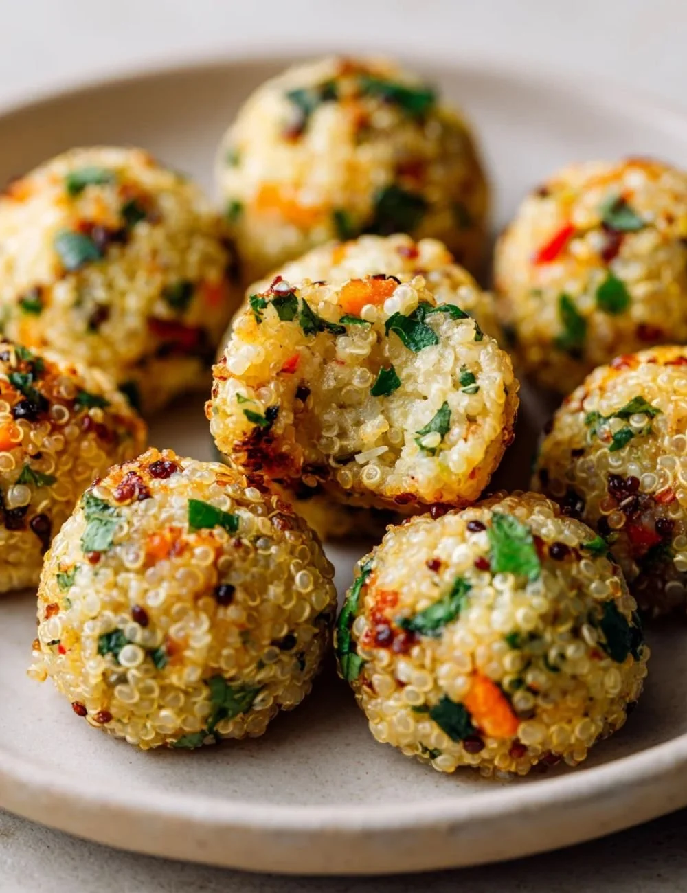 Golden crispy quinoa veggie bites ready to be enjoyed as a healthy snack.