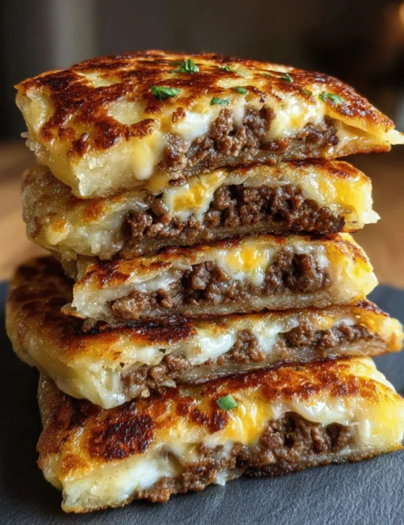 Golden potato pancakes filled with savory beef and melted cheese for a delicious meal.