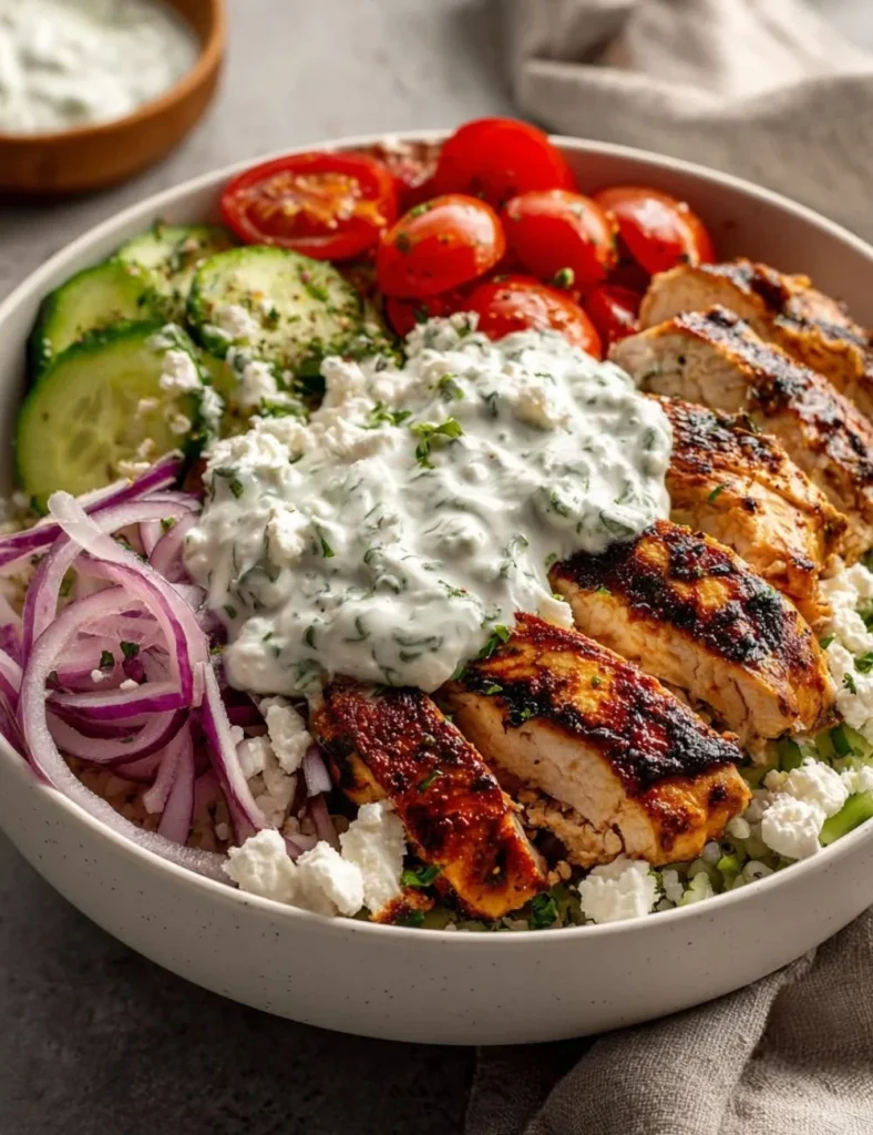 Healthy Greek Chicken Bowl with vegetables and feta cheese