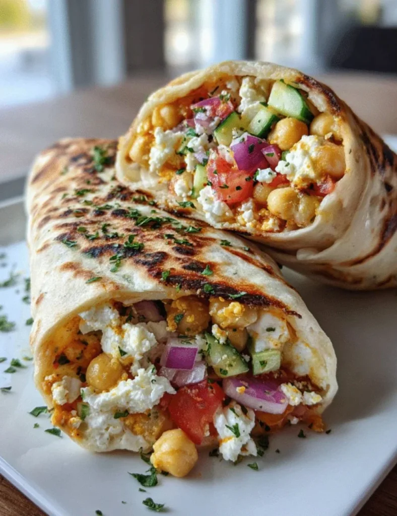 Greek Chickpea & Feta Warm Wraps served on a plate with fresh ingredients
