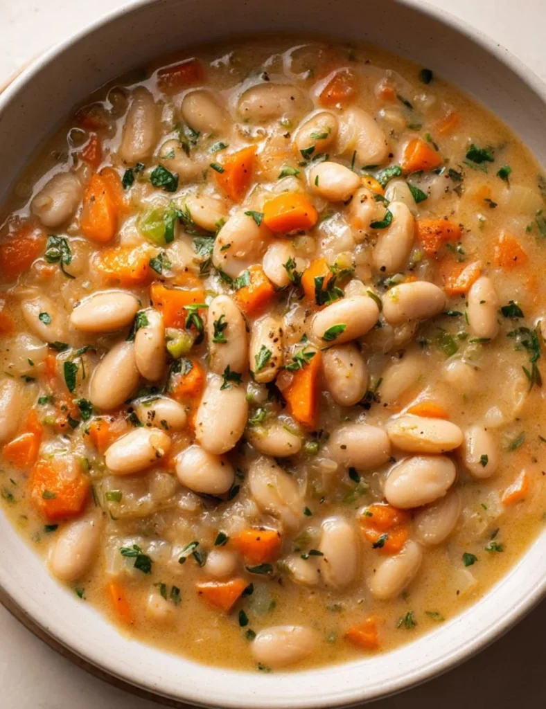Bowl of Greek white bean soup garnished with herbs and served with crusty bread