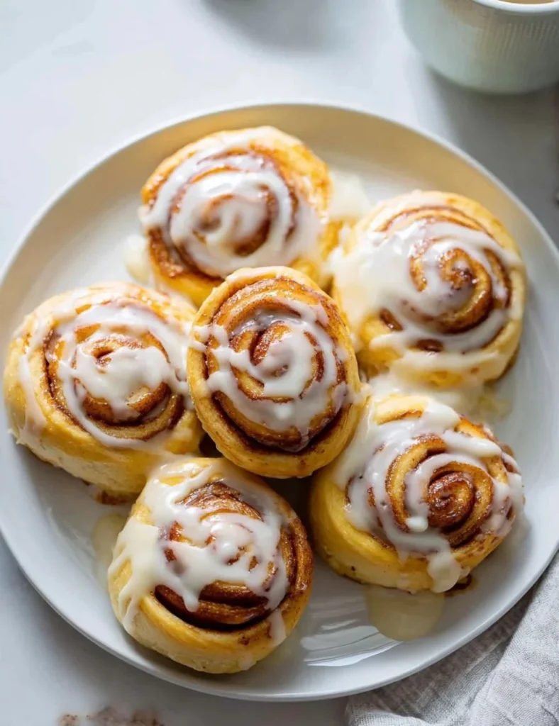 Delicious Greek Yogurt Cinnamon Rolls topped with icing on a wooden table