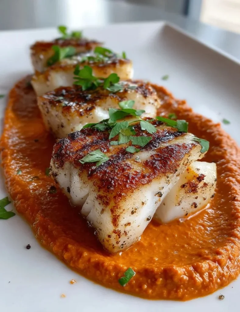 Grilled cod fillet served with romesco sauce and garnished with fresh herbs.