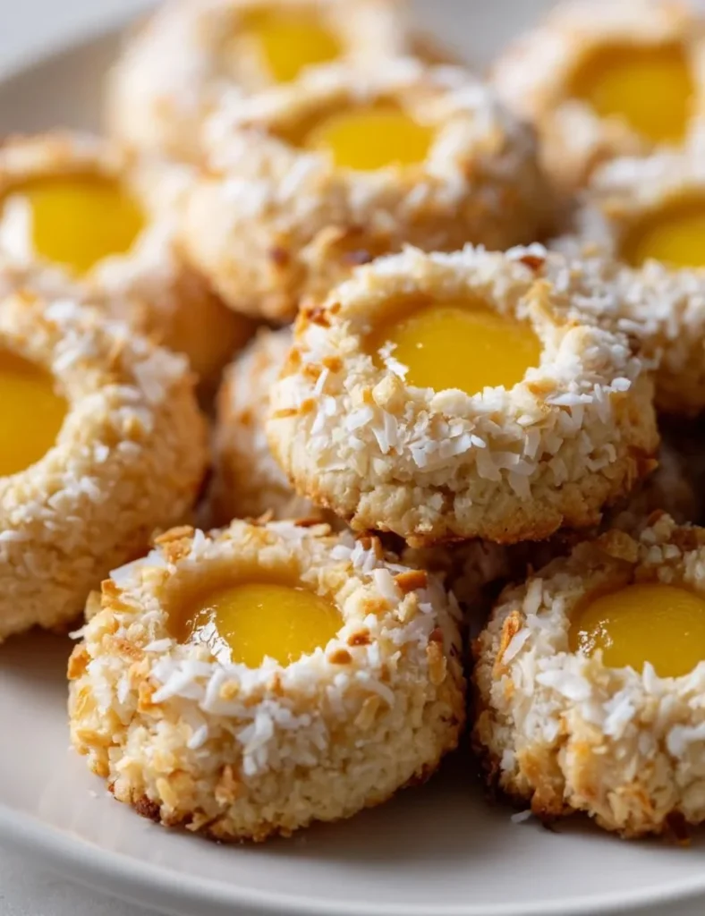 Hawaiian Pineapple Coconut Thumbprint Cookies on a plate with tropical decor