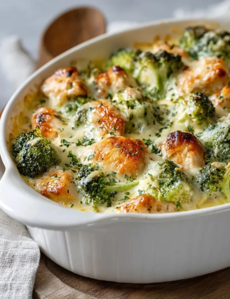 Healthy broccoli chicken casserole in a baking dish, ready to serve.
