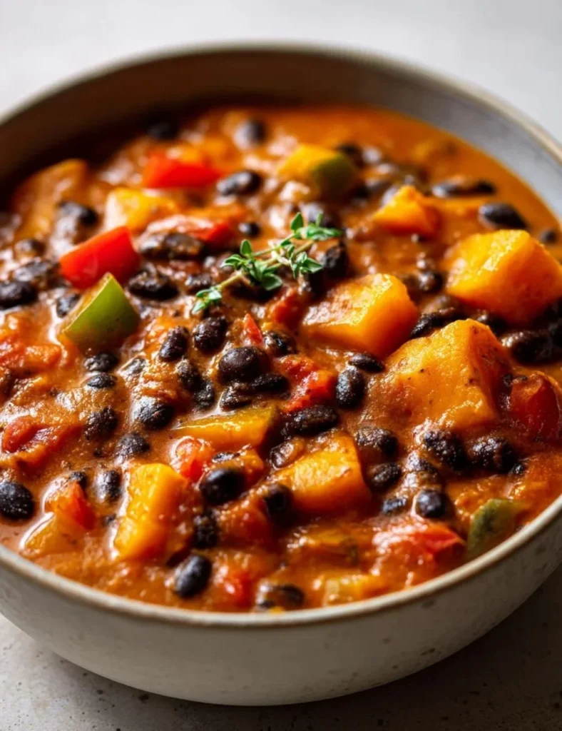Hearty black bean and squash stew served in a bowl with fresh herbs