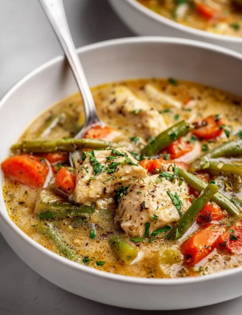 Bowl of high protein chicken pot pie soup garnished with herbs