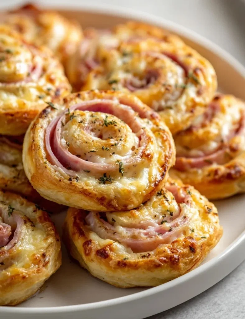 Delicious hot ham and cheese pinwheels served on a platter