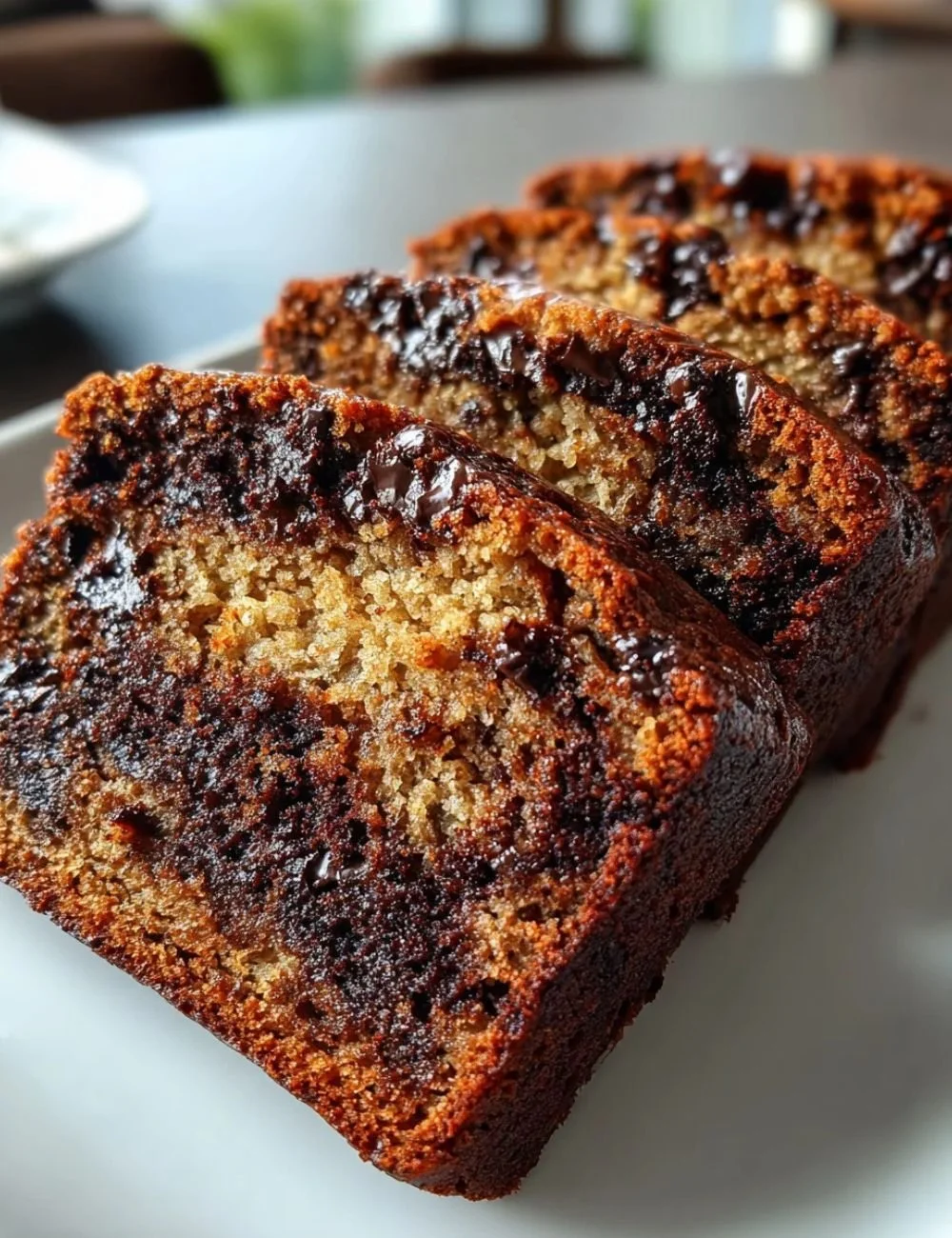 Indulgent chocolate espresso banana bread slice on a plate