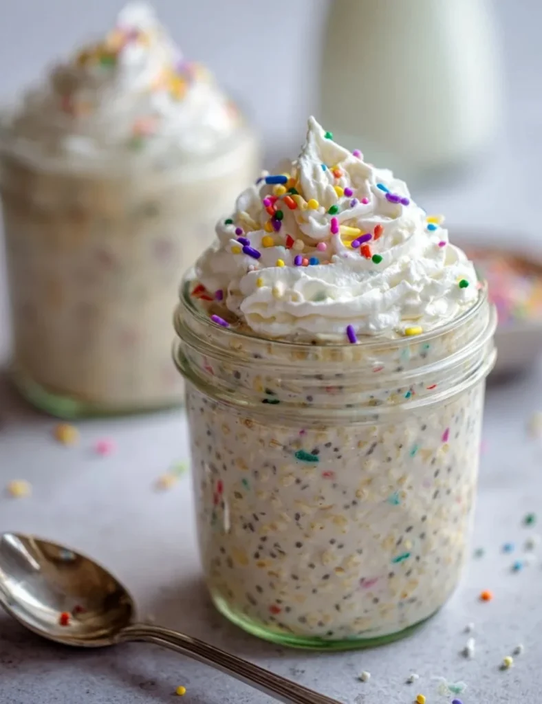 Delicious birthday cake overnight oats served in a bowl with colorful sprinkles.