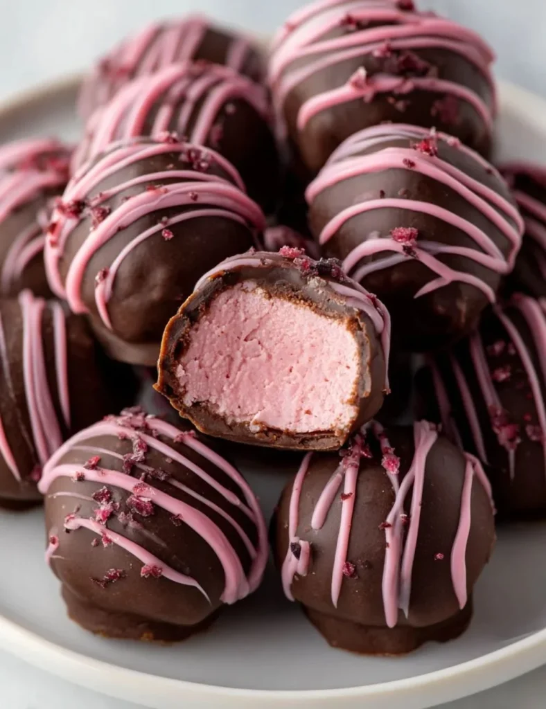 Delicious chocolate raspberry truffles topped with cocoa powder