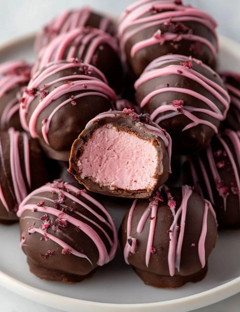 Delicious chocolate raspberry truffles topped with cocoa powder