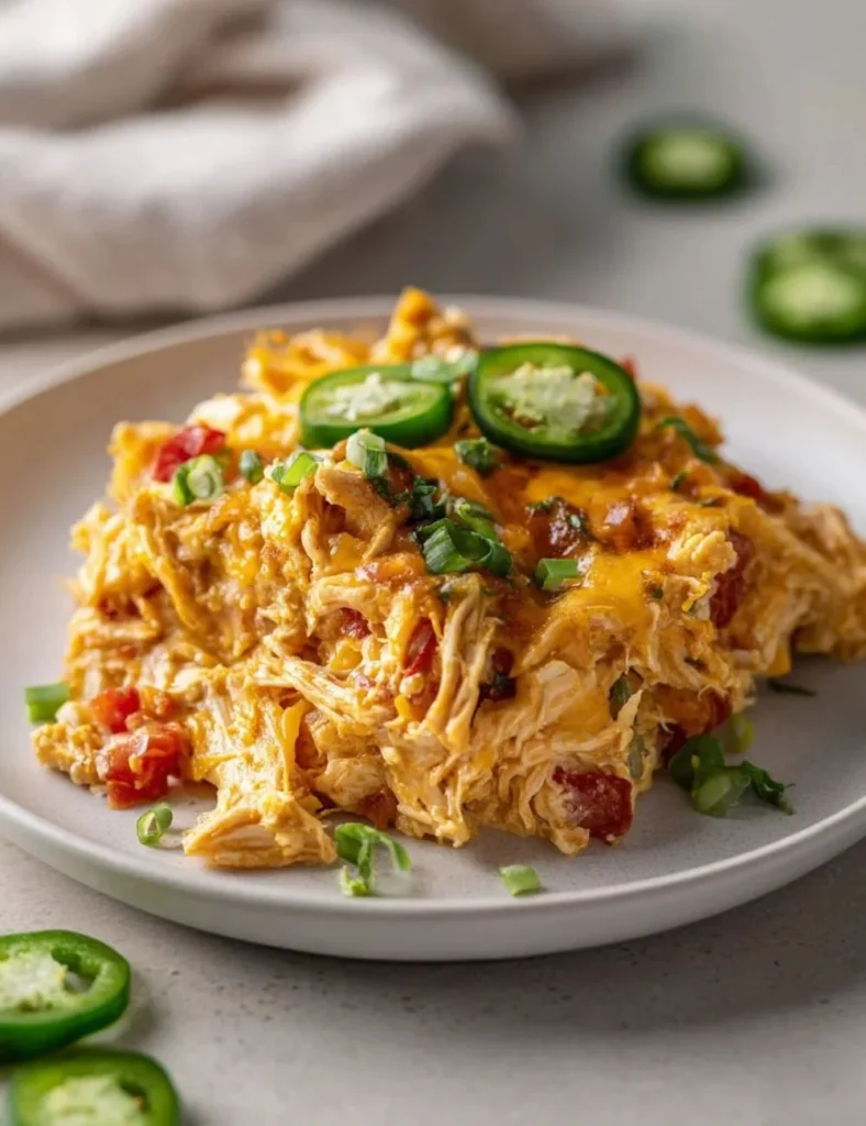 Delicious Jalapeno Buffalo Chicken Casserole topped with cheese and jalapenos.