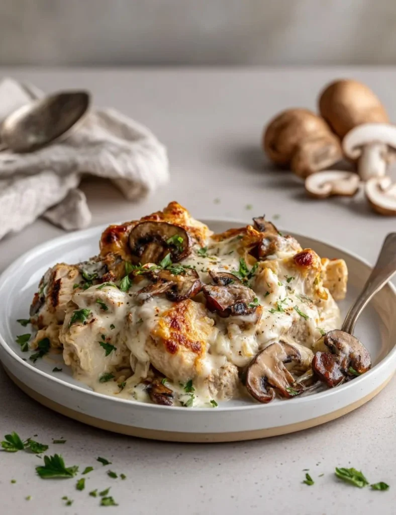 Delicious Keto Chicken Mushroom Casserole served in a baking dish