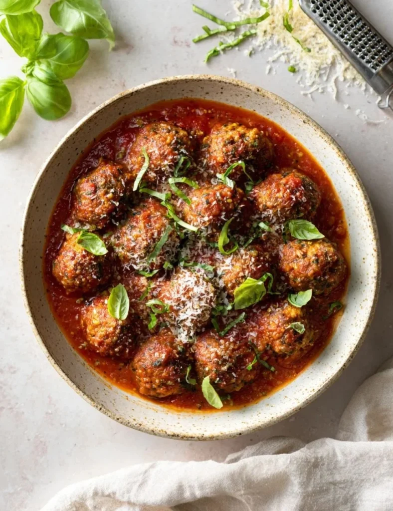 Keto Ricotta Meatballs served on a plate with fresh herbs